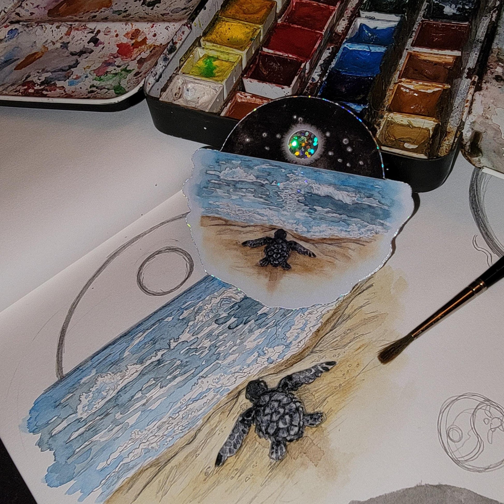 Vinyl Glitter Sticker Sea Turtle hatchling and the Moon Watercolor Art