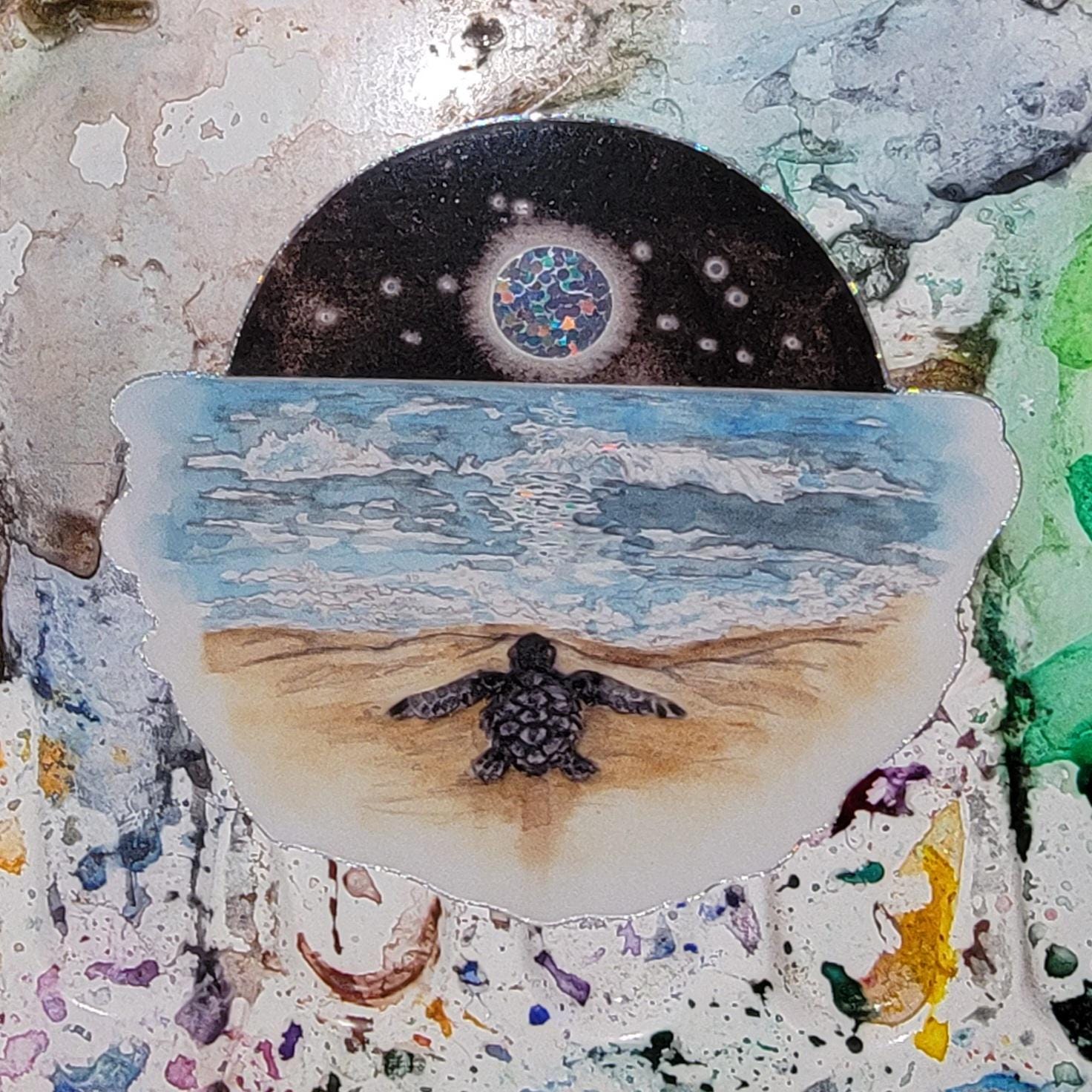 Vinyl Glitter Sticker Sea Turtle hatchling and the Moon Watercolor Art