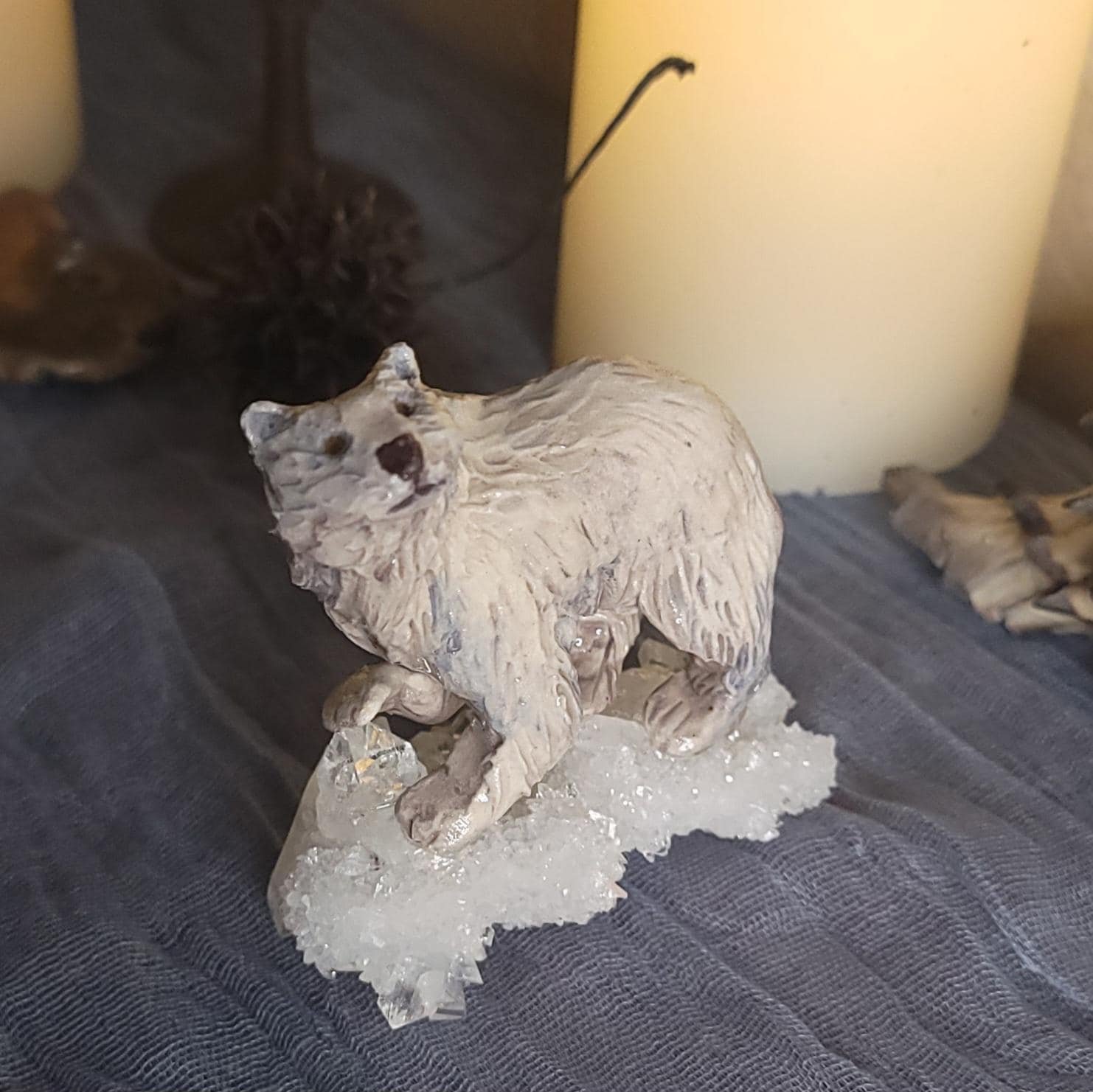 Polar Bear on Apophyllite Crystal Sculpture Totem Animal