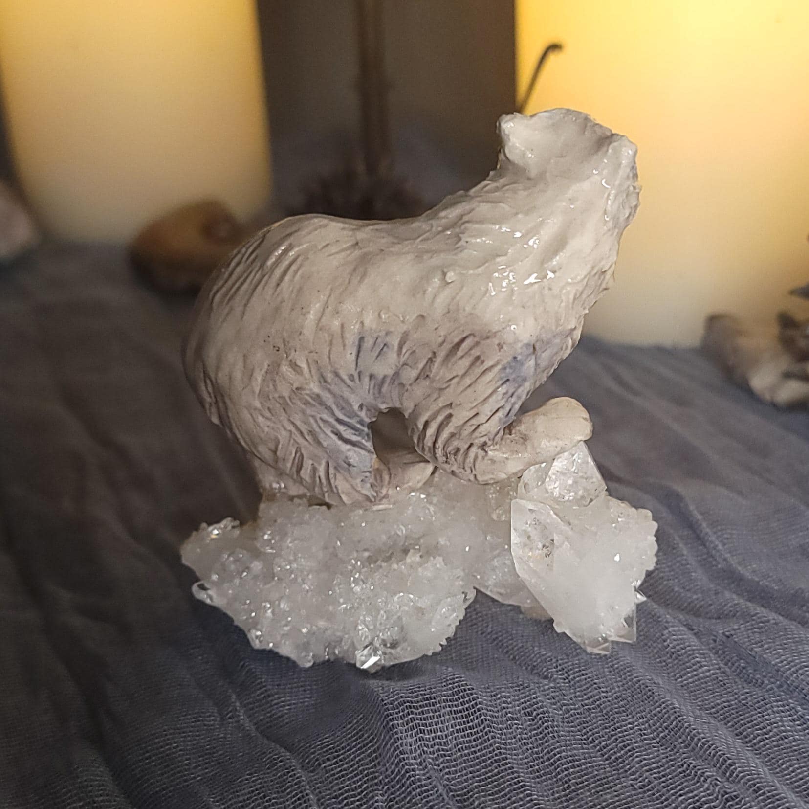 Polar Bear on Apophyllite Crystal Sculpture Totem Animal