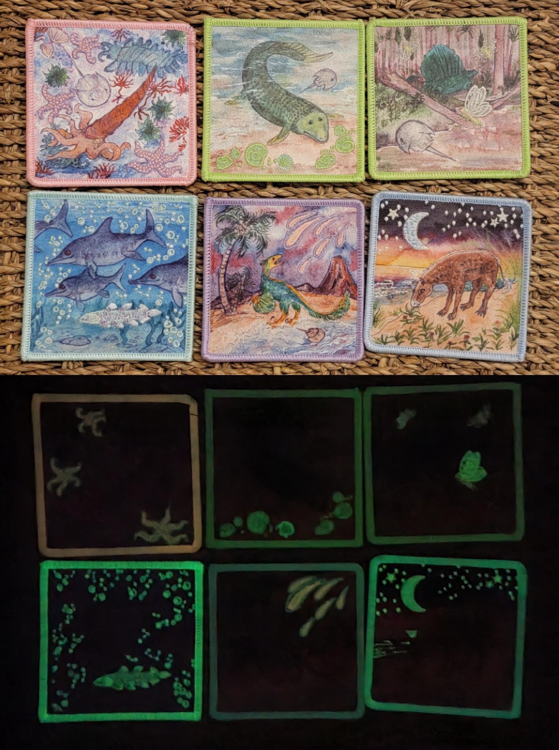 Set of 6 Glow in the Dark, Iron-On Patch: Horsehoe Crabs Through Time Paleo Art