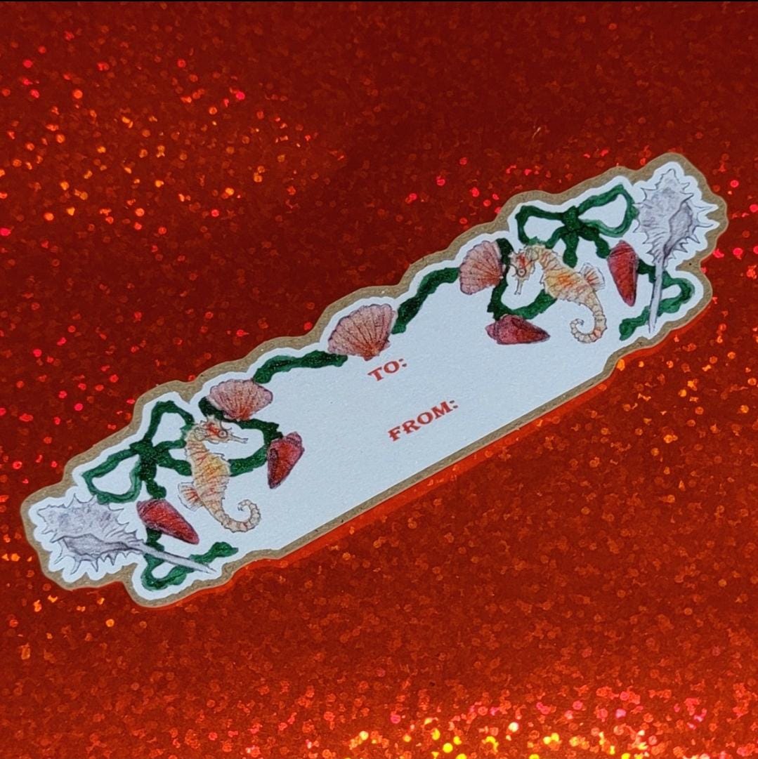 Eco Kraft Sticker Gifting To & From Holiday Seahorse Coastal Watercolor Art