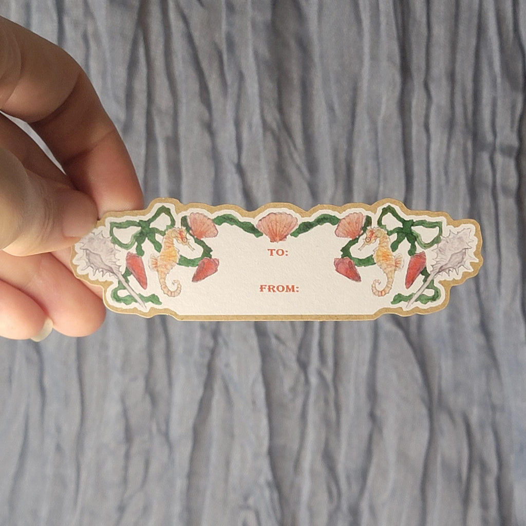 Eco Kraft Sticker Gifting To & From Holiday Seahorse Coastal Watercolor Art