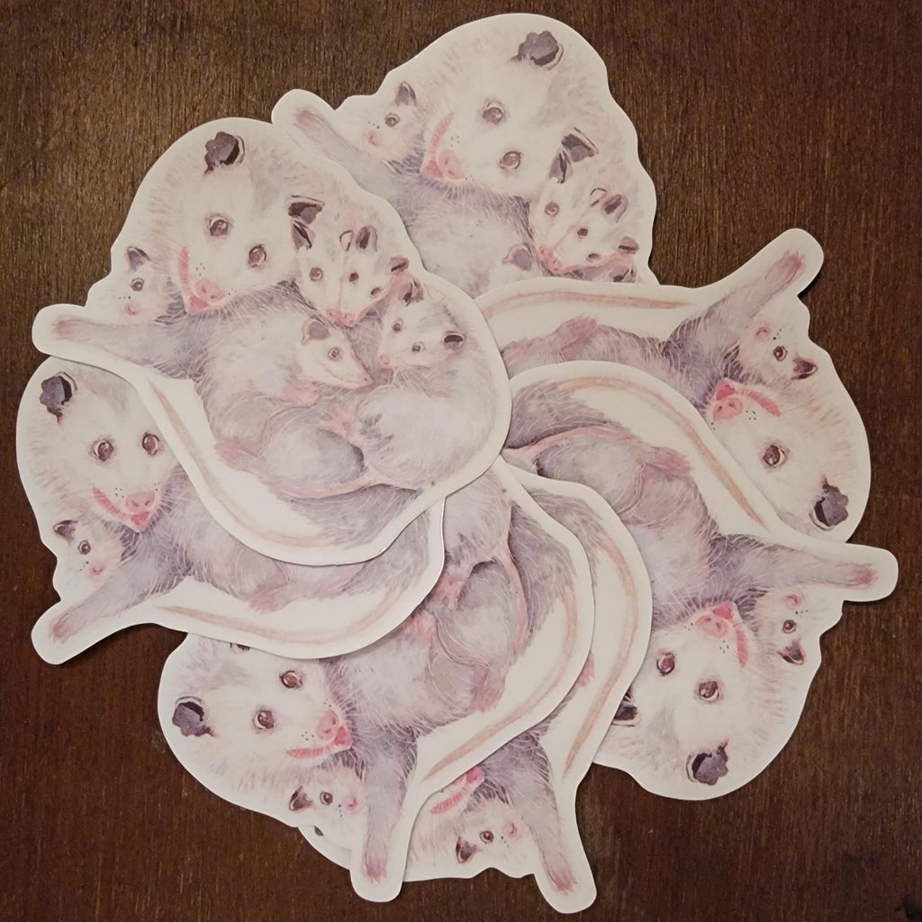 Vinyl Sticker Opossum Momma with Babies Watercolor Art