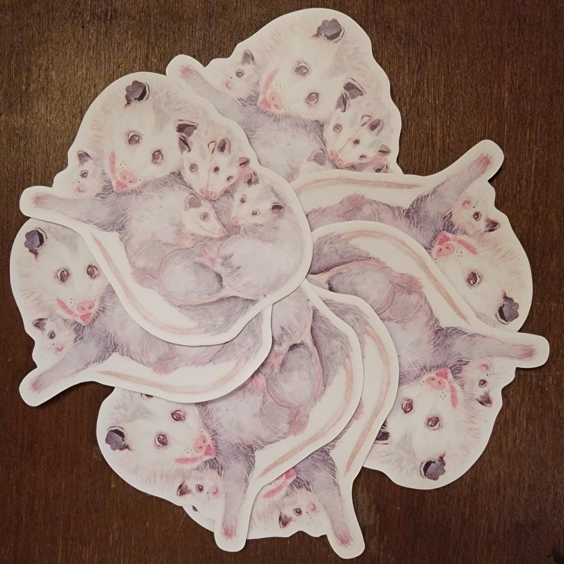 Vinyl Sticker Opossum Momma with Babies Watercolor Art