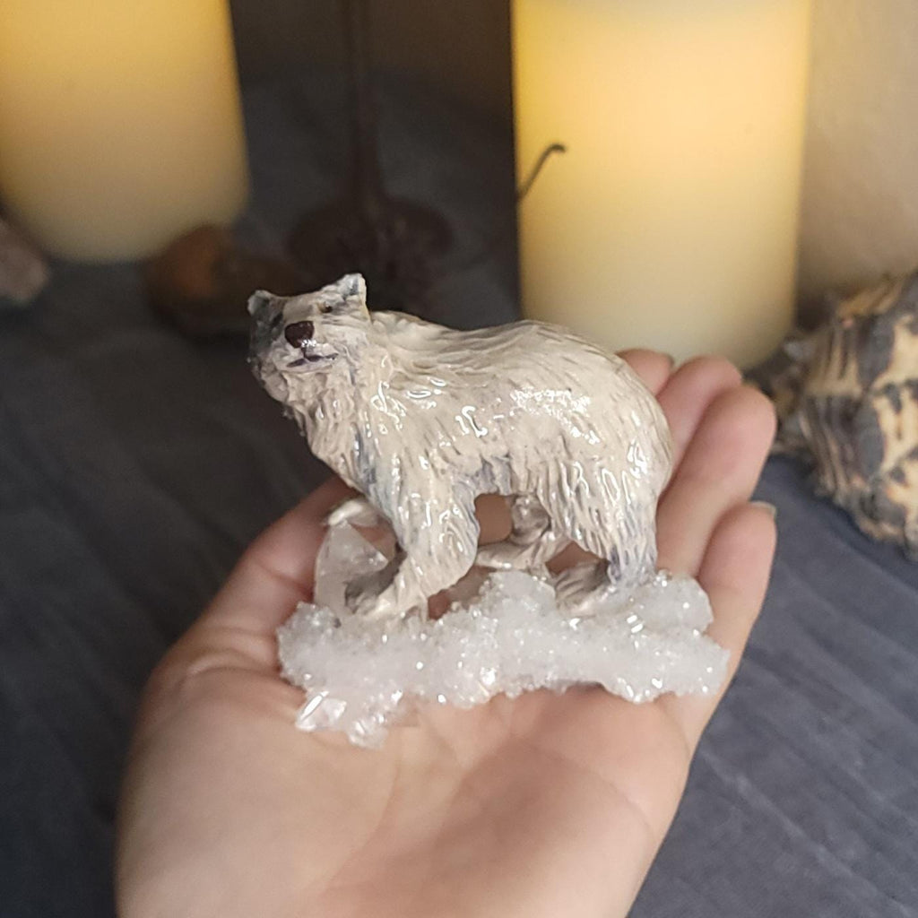 Polar Bear on Apophyllite Crystal Sculpture Totem Animal