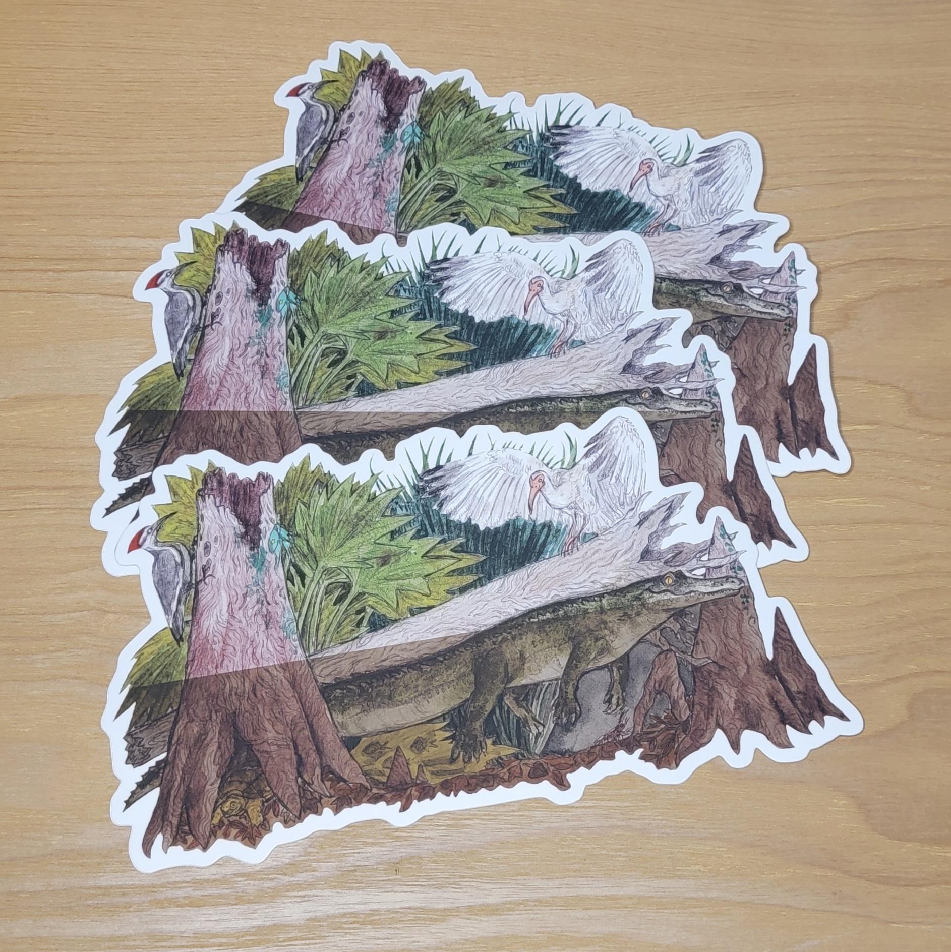 Bumper sticker! Florida Camouflage Art: Alligator, Ibis, Woodpecker, snapping turtle