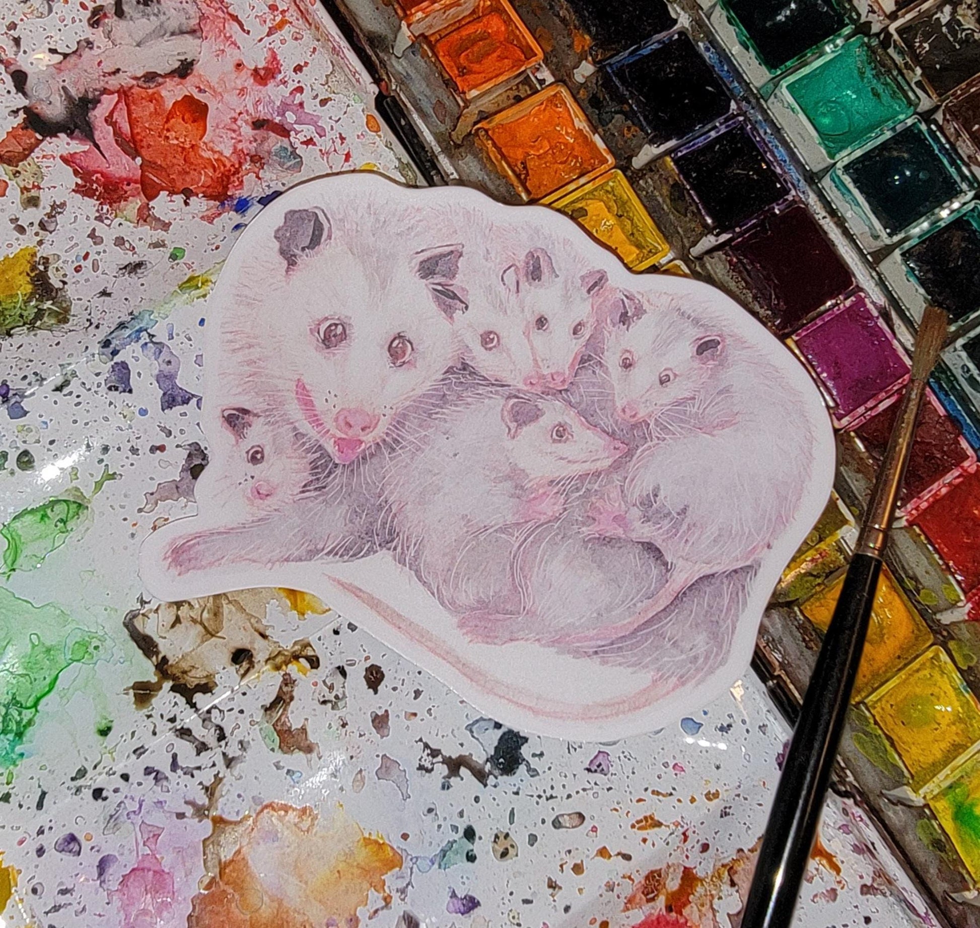 Vinyl Sticker Opossum Momma with Babies Watercolor Art